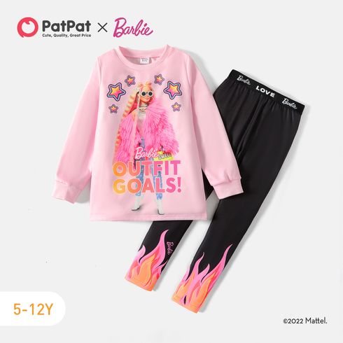 Barbie 2pcs Kid Girl Character Star Print Pink Sweatshirt and Colorblock Leggings Set