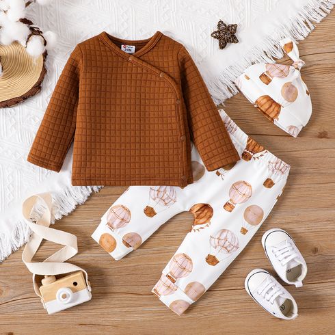 3pcs Baby Boy/Girl Solid Textured Long-sleeve Top and Allover Hot Air Balloon Print Pants & Hat Set