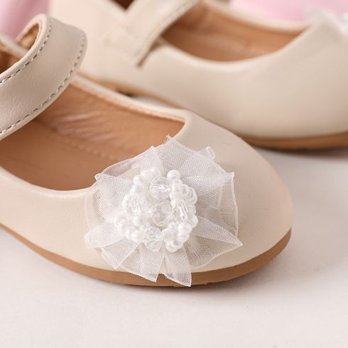 Toddler / Kid Faux Pearl Flower Decor Flat Mary Jane Shoes Beige big image 4