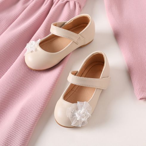 Toddler / Kid Faux Pearl Flower Decor Flat Mary Jane Shoes Beige big image 1