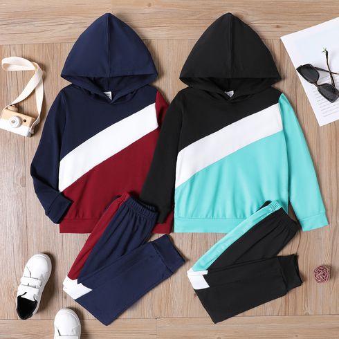 2pcs Kid Boy Colorblock Hoodie Sweatshirt and Elasticized Pants Set