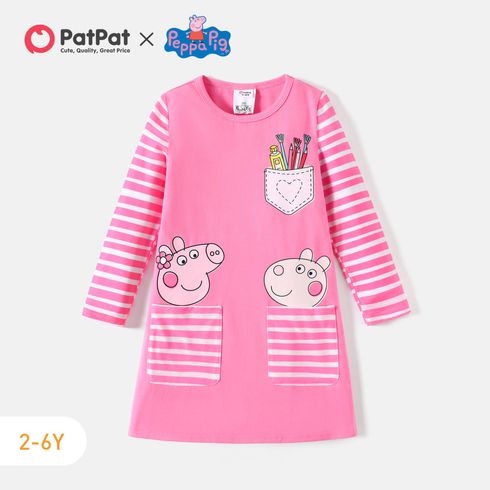 Peppa Pig Toddler Girl Striped Pocket Design Long-sleeve Cotton Dress