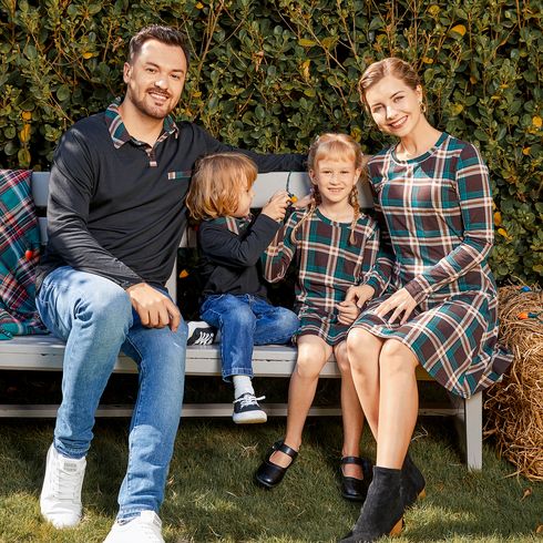 Family Matching Green Plaid A-line Dresses and Contrast Collar Long-sleeve Polo Shirts Sets