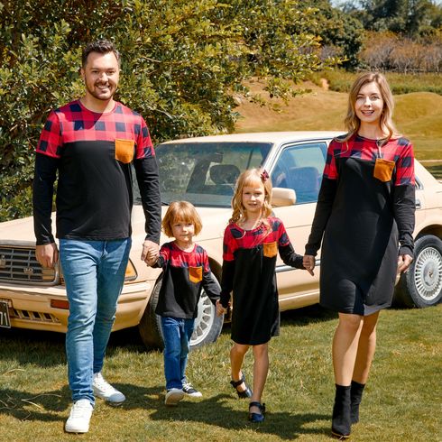 Christmas Family Matching Red Plaid Spliced Long-sleeve T-shirts and Dresses Sets