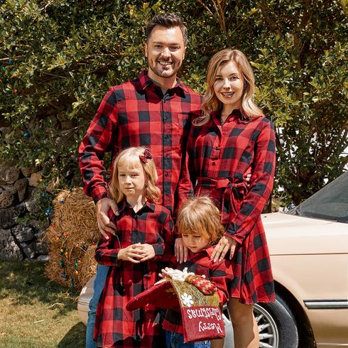 Red and Black Plaid Print Family Matching Sets（Lapel Long-sleeve Belted Dresses and Shirts）