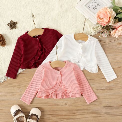 Baby Girl Solid Rib Knit Ruffle Trim Long-sleeve Cardigan