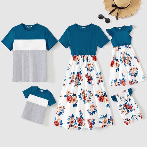 Family Matching Cotton Short-sleeve Colorblock T-shirts and Floral Print Spliced Dresses Sets