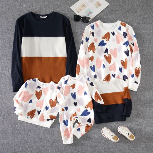 Valentine's Day Family Matching Allover Heart Print and Colorblock Ribbed Long-sleeve Sweatshirts