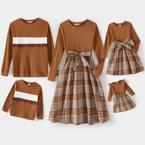 Family Matching Coffee Ribbed Spliced Plaid Belted Dresses and Long-sleeve Colorblock Tops Set