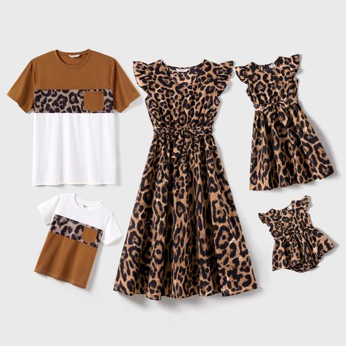 Family Matching Leopard Print Flutter-sleeve Belted Dresses and Short-sleeve Colorblock T-shirts Sets