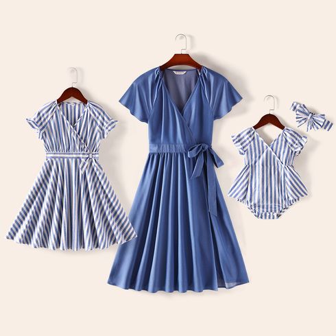 Mommy and Me 100% Cotton Striped and Solid Surplice Neck Ruffle-sleeve Dresses