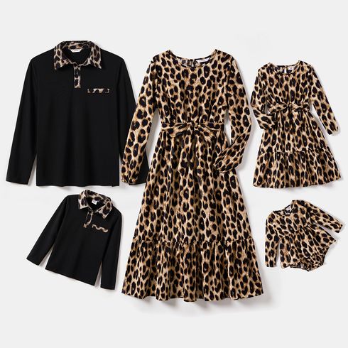 Family Matching Allover Leopard Print Long-sleeve Belted Dresses and Polo Shirts Sets