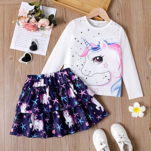2pcs Kid Girl Unicorn Print Long-sleeve Tee and Layered Skirt Set
