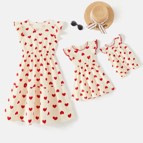 Valentine's Day Mommy and Me 100% Cotton Crepe Allover Heart Print Flutter-sleeve Dresses
