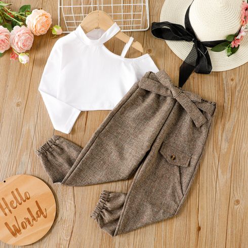 2pcs Toddler Girl Trendy One Shoulder Tee and Belted Pants Set