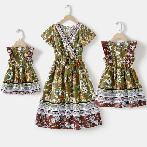 Mommy and Me Allover Floral Print Surplice Neck Ruffle-sleeve Belted Dresses
