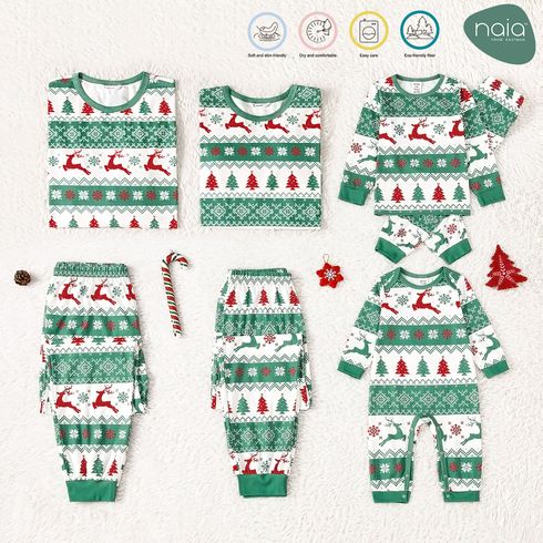 Christmas Family Matching Allover Xmas Tree & Reindeer Print Green Long-sleeve Naia Pajamas Sets (Flame Resistant)