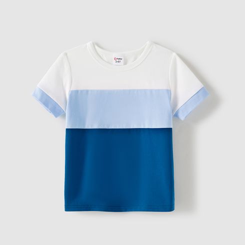 Family Matching Cotton Short-sleeve Colorblock T-shirts and Striped Floral Print V Neck Belted Dresses Sets Blue big image 14