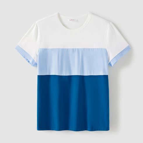 Family Matching Cotton Short-sleeve Colorblock T-shirts and Striped Floral Print V Neck Belted Dresses Sets Blue big image 13