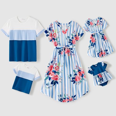 Family Matching Cotton Short-sleeve Colorblock T-shirts and Striped Floral Print V Neck Belted Dresses Sets