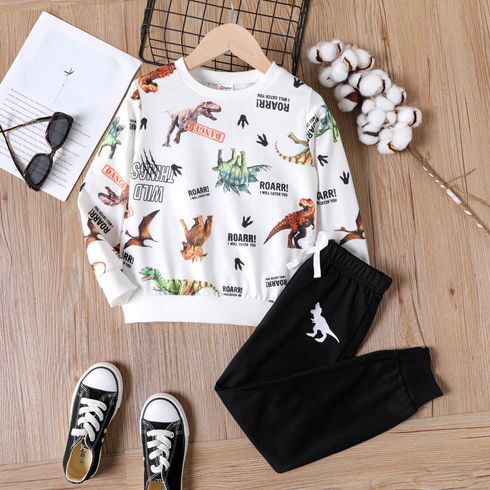 2pcs Kid Boy Animal Dinosaur Print Pullover Sweatshirt and Elasticized Pants Set