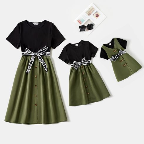 Mommy and Me Button Front Letter Belted Solid Spliced Short-sleeve Dresses