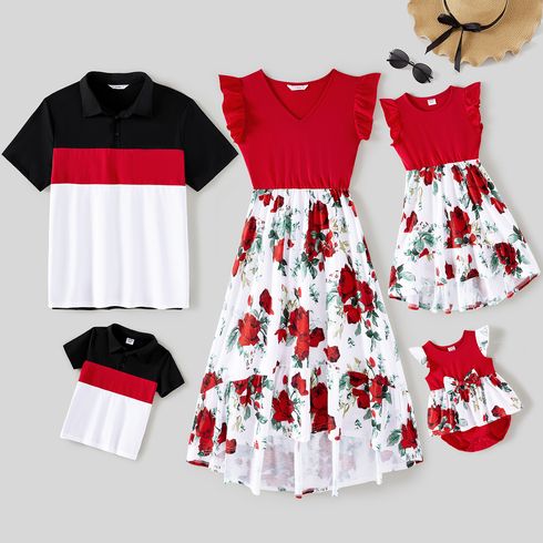 Valentine's Day Family Matching Solid Spliced Floral Print High Low Hem Dresses and Short-sleeve Colorblock Polo Shirts Sets
