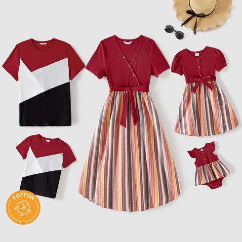 Family Matching Button Front Ribbed Spliced Striped Dresses and Short-sleeve Colorblock T-shirts Sets