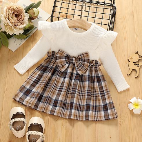 Baby Girl Solid Rib Knit Ruffle Long-sleeve Spliced Plaid Bow Front Dress