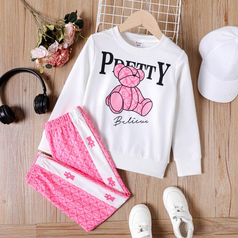 2pcs Kid Girl Letter Bear Print Sweatshirt and Allover Print Pink Pants Set