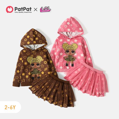 L.O.L. SURPRISE! 2pcs Toddler Girl Heart Star Print Hoodie Sweatshirt and Mesh Splice Skirt Set