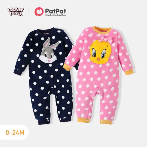 Looney Tunes Baby Boy/Girl Animal Embroidered Polka Dots Fuzzy Long-sleeve Jumpsuit