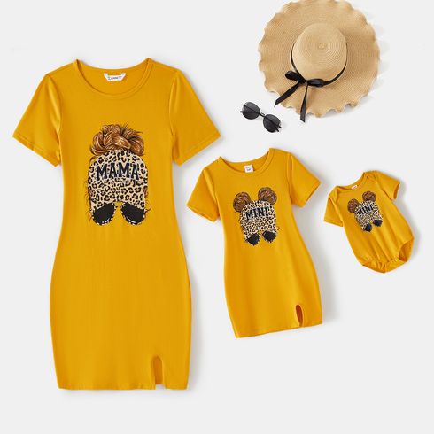 Mommy and Me Leopard Figure Print Yellow Short-sleeve Split Hem Bodycon T-shirt Dresses