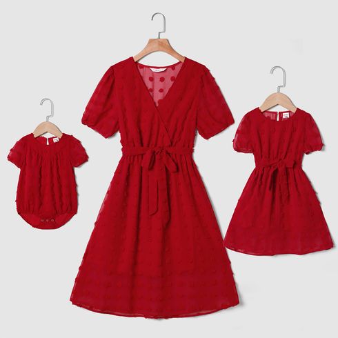 Mommy and Me Red Swiss Dot Sheer Short-sleeve Surplice Neck Belted Dresses
