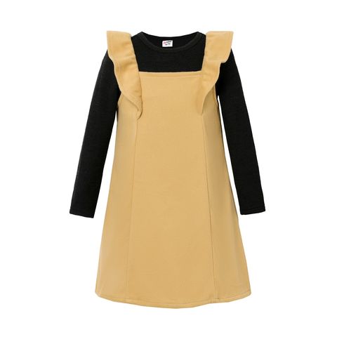 2pcs Kid Girl Ribbed Long-sleeve Black Tee and Ruffled Khaki Overall Dress Set