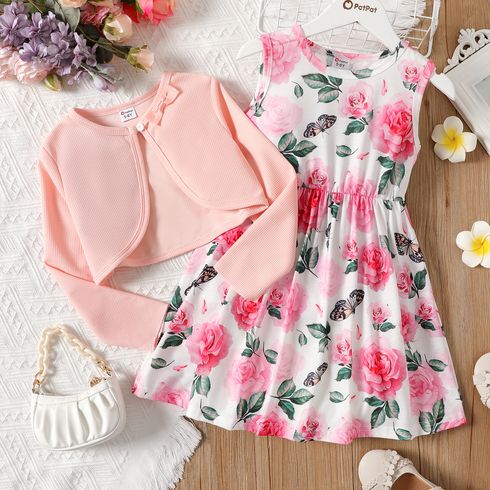 2pcs Kid Girl Floral Print Sleeveless Dress and Bowknot Design Cardigan Set