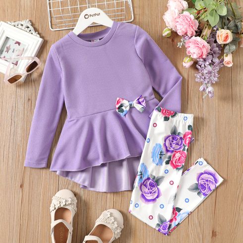 2pcs Kid Girl 3D Bowknot Design High Low Tee and Floral Print Leggings Set Purple big image 1