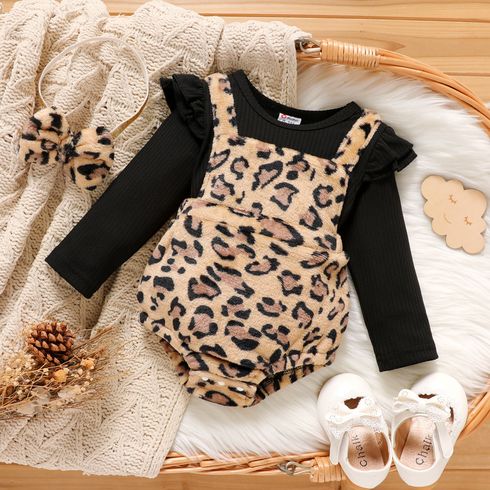 2pcs Baby Girl Leopard Fuzzy Spliced Ribbed Ruffle Long-sleeve Faux-two Romper with Headband Set
