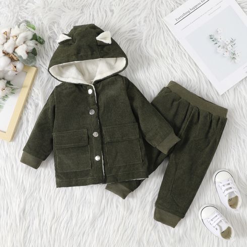 2pcs Baby Boy Thermal Lined Corduroy Hooded Jacket and Pants Set