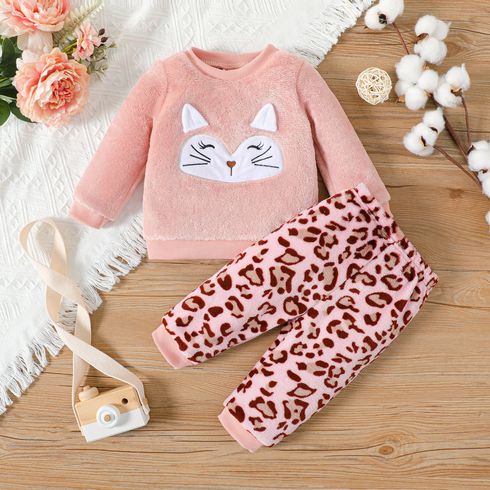 2pcs Baby Girl Animal Embroidered Long-sleeve Fuzzy Sweatshirt and Leopard Pants Set