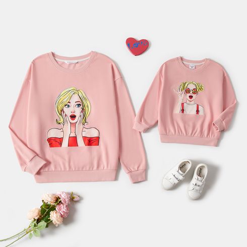 Mommy and Me Figure Print Pink Long-sleeve Pullover Sweatshirts
