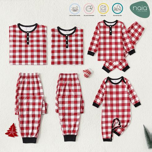 Christmas Family Matching Red Plaid Print Long-sleeve Naia Pajamas Sets (Flame Resistant)