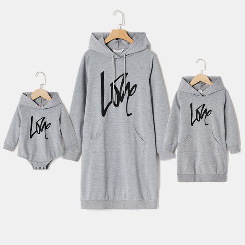 Mommy and Me Letter Print Grey Long-sleeve Hoodie Dress