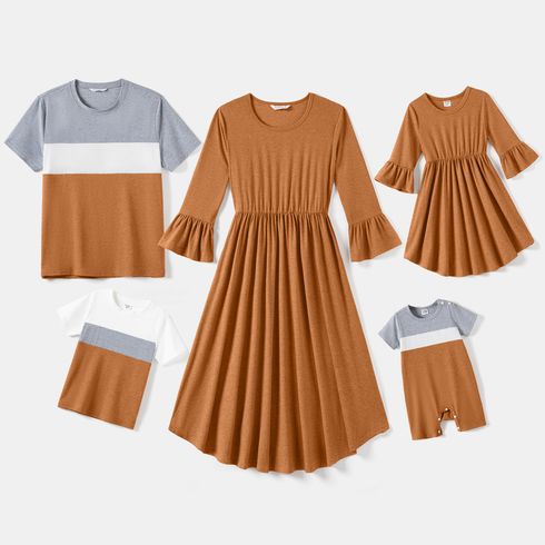 Family Matching Solid Flare-sleeve Flowy Pleated Dresses and Short-sleeve Colorblock T-shirts Sets