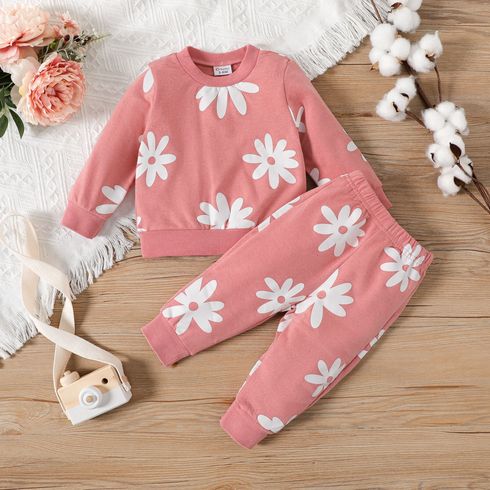 2pcs Baby Girl Allover Floral Print Long-sleeve Sweatshirt and Sweatpants Set