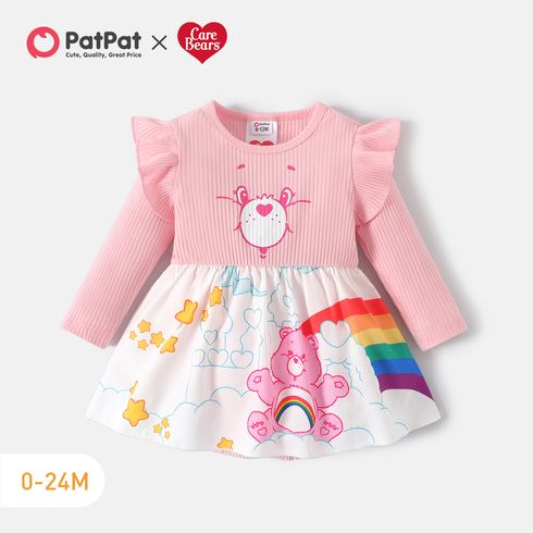 Care Bears Baby Girl Ribbed Ruffle Long-sleeve Spliced Bear Print Romper