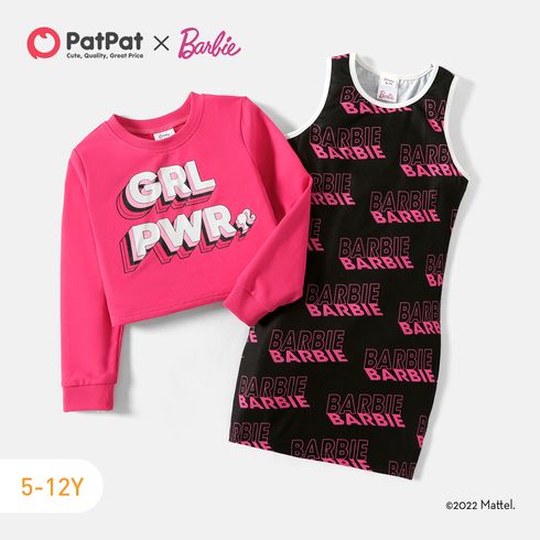 Barbie 2pcs Kid Girl Letter Print Sleeveless Dress and Cotton Sweatshirt Set