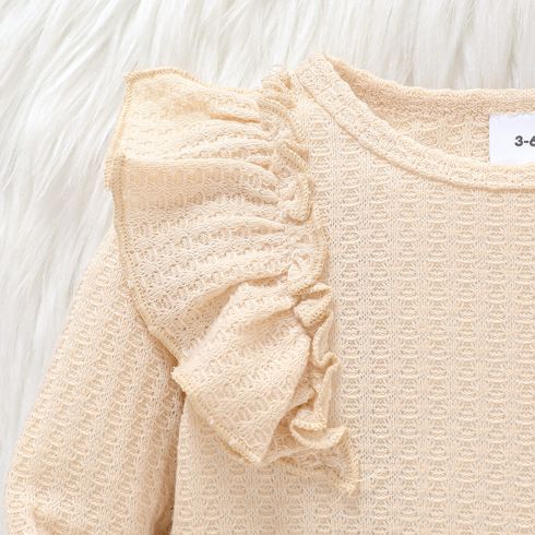 Baby Girl Solid Waffle Textured Ruffle Trim Long-sleeve Top Beige big image 4