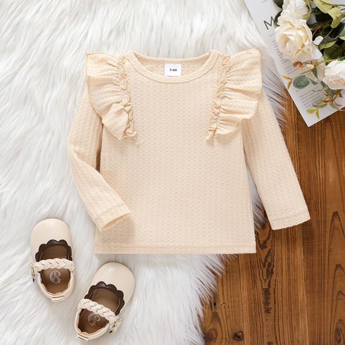 Baby Girl Solid Waffle Textured Ruffle Trim Long-sleeve Top Beige big image 1