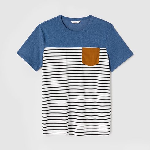 Family Matching Blue Cap-sleeve Belted Midi Dresses and Short-sleeve Striped Spliced T-shirts Sets Blue big image 7
